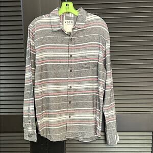 VSTR Men's Casual Striped Button Down Flannel Shirt - Gray and Red, Size Small